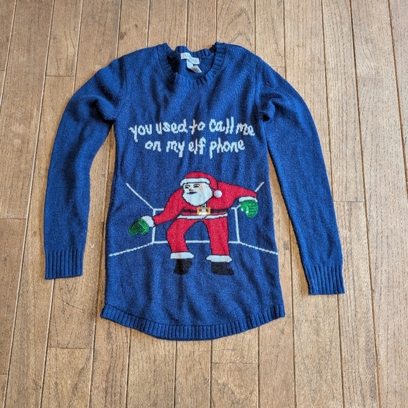 Planet Gold Sweaters - Women's Planet Gold Navy Gray Long Sleeve Ugly Christmas Sweater Size Medium